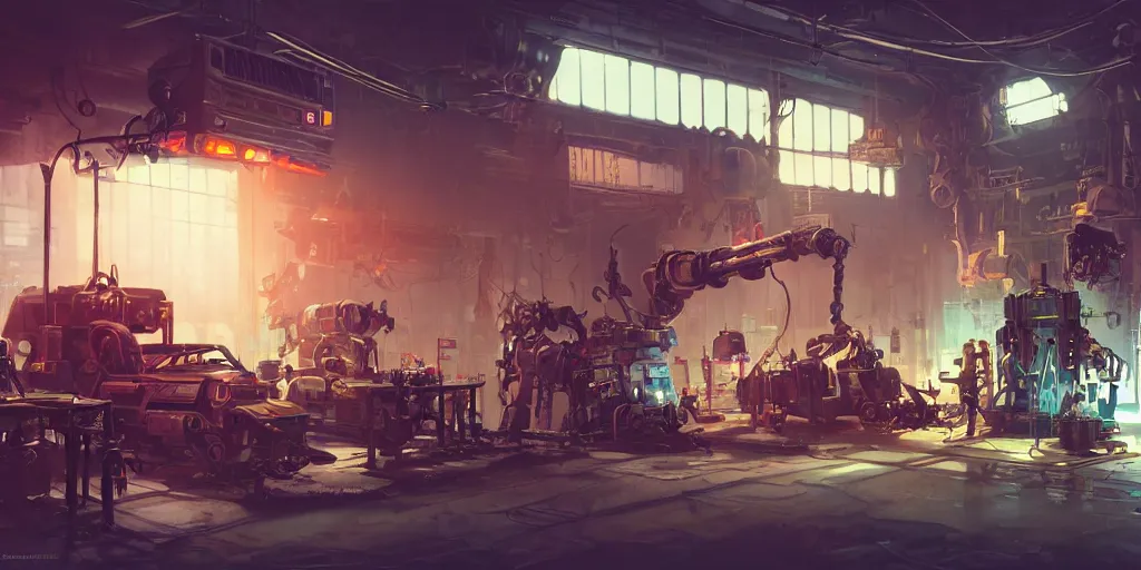 Image similar to concept art, realistic dieselpunk robot repair workshop, neon glow, volumetric lighting, strong shadows, reflections, high contrast, glowing robot motifs, octane render, curves, bladerunner, loish, syd mead, akihiko yoshida, cinematic