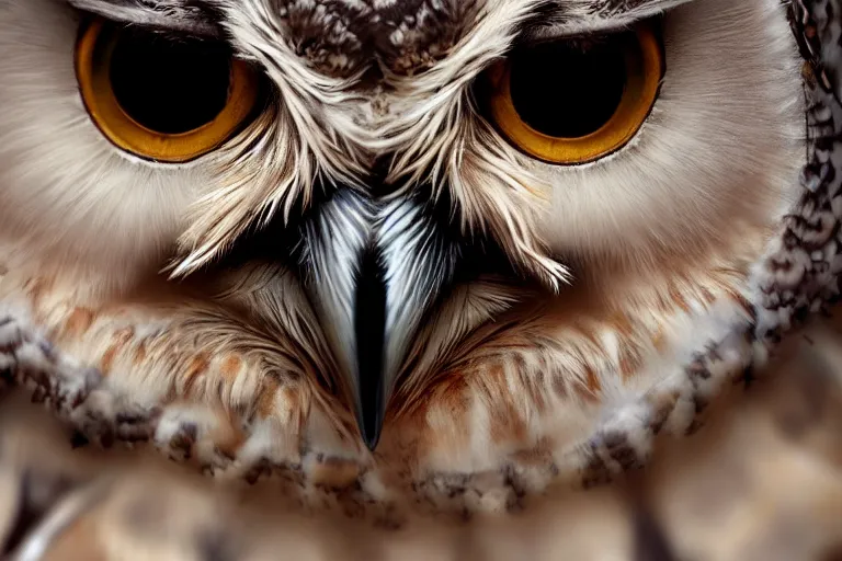 Prompt: closeup photo of the face of an owl, eye closeup, intricate detail, volumetric lighting, epic composition, hyper detailed, ultra realistic, sharp focus, octane render, volumetric, ray tracing, artstation, sense of awe, swirling mist, himalayan rocksalt lamp
