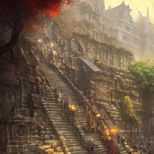 Prompt: the steps of a a crumbling stone temple in the middle of a bustling city, huge crowd on the street, fantasy, marc simonetti, anato finnstark, randy vargas, diego gisbert llorens, bayard wu, fantasy concept art, trending on artstation, 4k