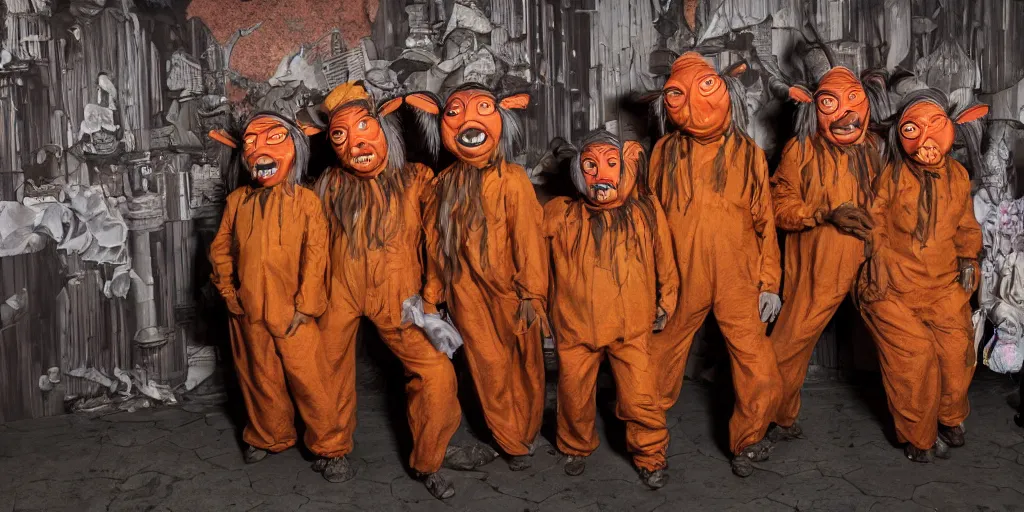 Prompt: photo of oompa loompas, creepy!!!, scaly!!!, gritty!!!, menacing!!!, evil, ultra realistic, gritty, outside of chocolate factory, golden hour, volumetric lighting, sharp focus