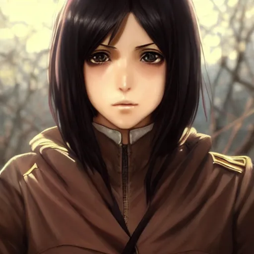 Image similar to mikasa ackerman, bokeh, beautiful face!!!!, 2 7 years old, cg animation, lifelike, animated, realistic, character select portrait, by artgerm, greg rutkowski, alphonse mucha, 3 d