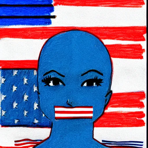 Image similar to a woman in a blue shirt with an american flag on her face, an anime drawing by ei - q, featured on pixiv, superflat, flat colors, anime