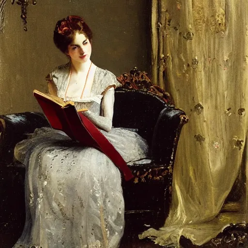 Image similar to young victorian lady in ball gown reading a book, painted by alfred stevens