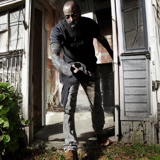 Prompt: MC Ride from Death Grips entering scariest old house on Earth