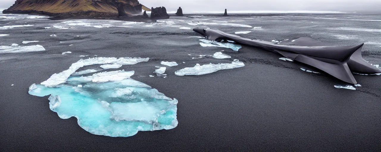 Image similar to cinematic shot of giant futuristic military spacecraft in the middle of an endless black sand beach in iceland with icebergs in the distance,, 2 8 mm