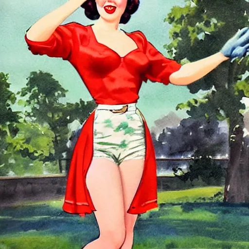 Image similar to full body pin up post war dressing a military unioform,with a park in the back ground, water color, Gil Elvgren style