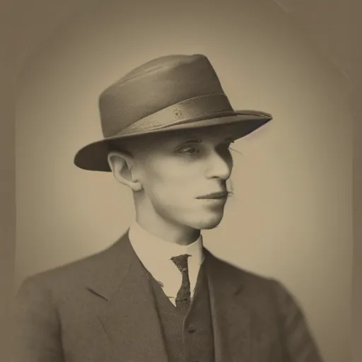 Image similar to A photograph portrait of Jerma985 wearing a homburg hat in the early 1920s, taken in the early 1920s, grainy, taken on a early 1900s Kodak Camera, realistic, hyperrealistic, very realistic, highly detailed, very detailed, extremely detailed, detailed, digital art, trending on artstation