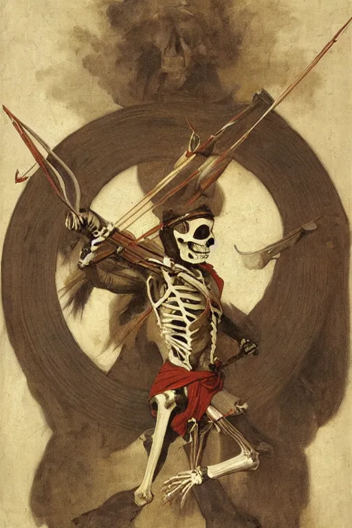 Image similar to portrait of a skeleton archer with bow and arrow in the middle world, wearing helmets with wings, wearing european style armor, holding a sword in both hands, symmetrical, solemn, sacred, aura, by bouguereau