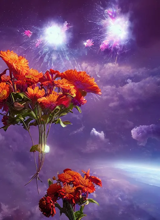 Image similar to An epic fantastic realism comic book style painting of the most beautiful flowers launched into space, bouquets, fisheye lens, unreal 5, DAZ, hyperrealistic, light burst, octane render, dynamic lighting