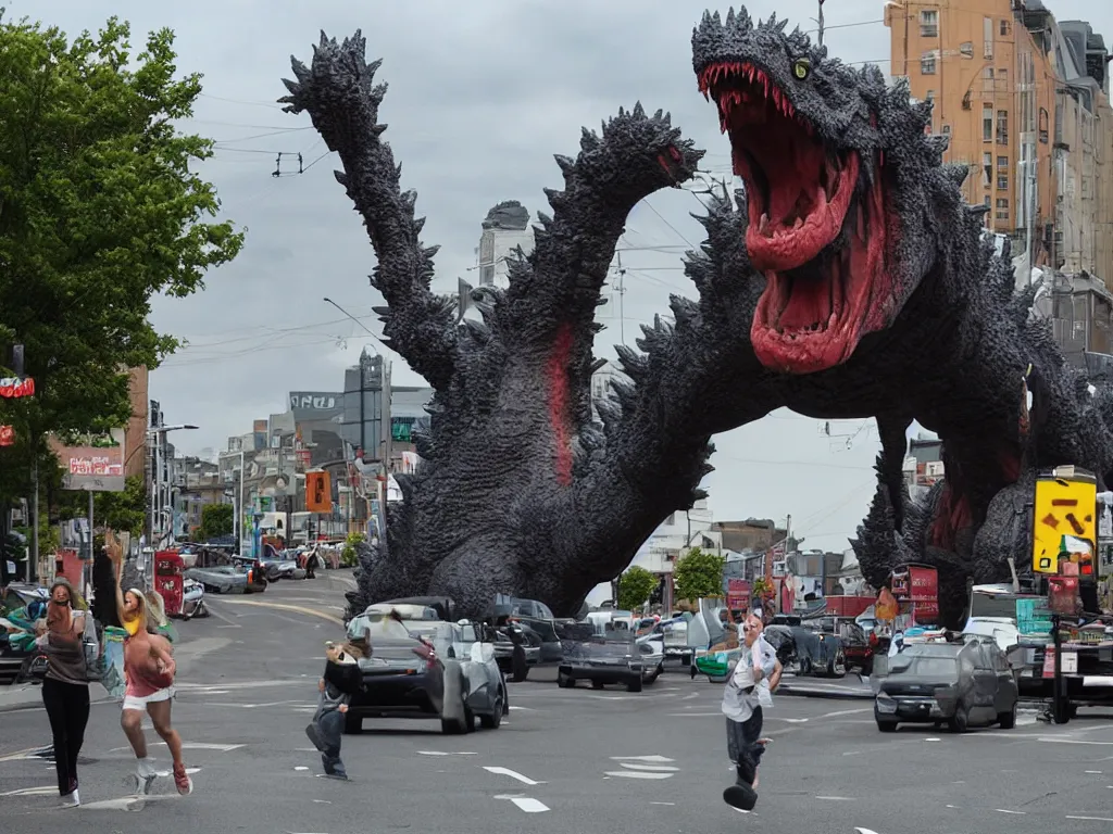 Prompt: Town running terrified from a giant inflatable Godzilla