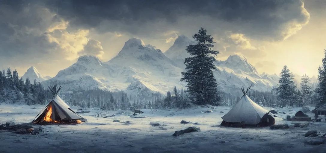 Prompt: beautiful render of a winter landscape, unreal engine, first light, majestic snowy mountains, lake, lush grass, dramatic clouds, teepee, village, campfire, soft light, by greg rutkowski, cgsociety