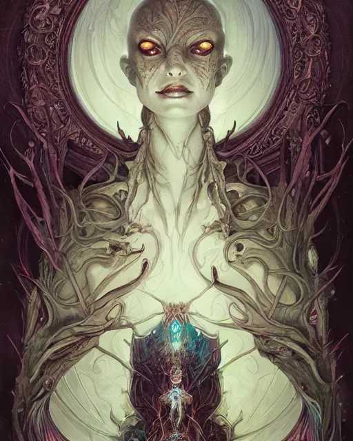 Prompt: perfectly centered portrait front view of a dead rotten beautiful female daemon growing ornamentation, ornate, detailed, symmetrical, elegant, beautifully soft lit, by wayne barlowe, peter mohrbacher, kelly mckernan