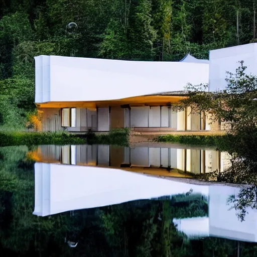 Prompt: cozy futuristic organic white concrete house in the middle of a lush amazonic forest at night, a beautiful lake next to it, starry sky