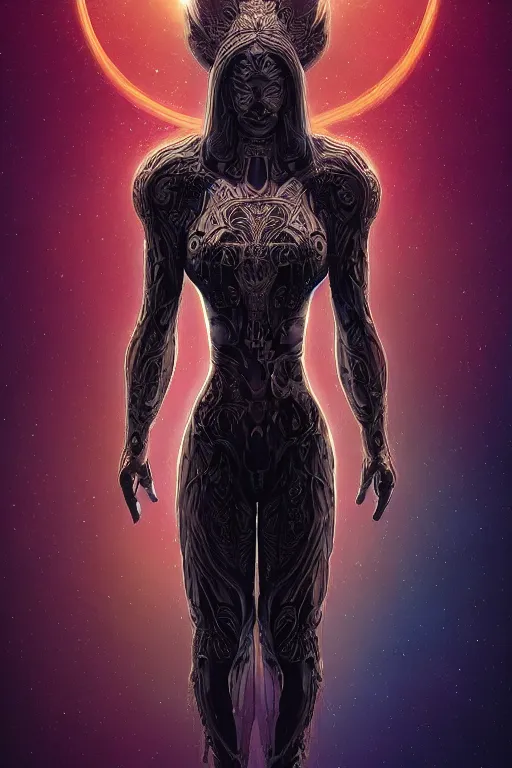 Image similar to dreamy poltergeist fused with calibos, android goddess, elegant ornate body pattern, portrait, intricate details, by vincent di fate, artgerm, julie bell, beeple and Greg Rutkowski, 90s, concept, Smooth gradients, octane render, 8k, High contrast, duo tone, depth of field, very coherent symmetrical artwork