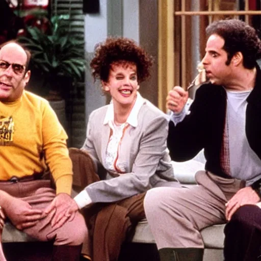 Prompt: Jerry Seinfeld, George Costanza, Elaine Beness and Cosmos Kramer smoking a joint and having a good time, TV still from the 90's