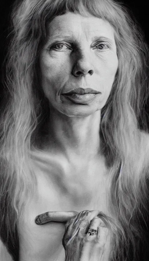 Prompt: cinematic portrait of young joni mitchell, intricate, elegant, by alyssa monks, highly detailed, symmetrical face, fine details, masterpiece, trending on artstation