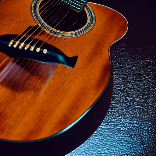 Image similar to macro photography from the inside of an acoustic guitar, studio lighting, 8k, professional photography