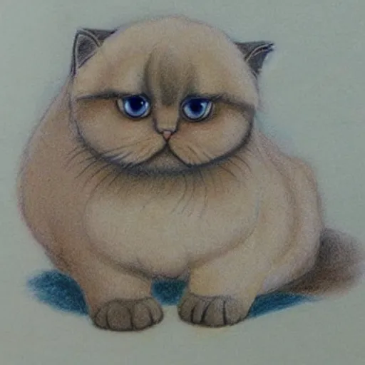 Image similar to chubby persian cat, drawing by Don Bluth, children's colored pencil drawing