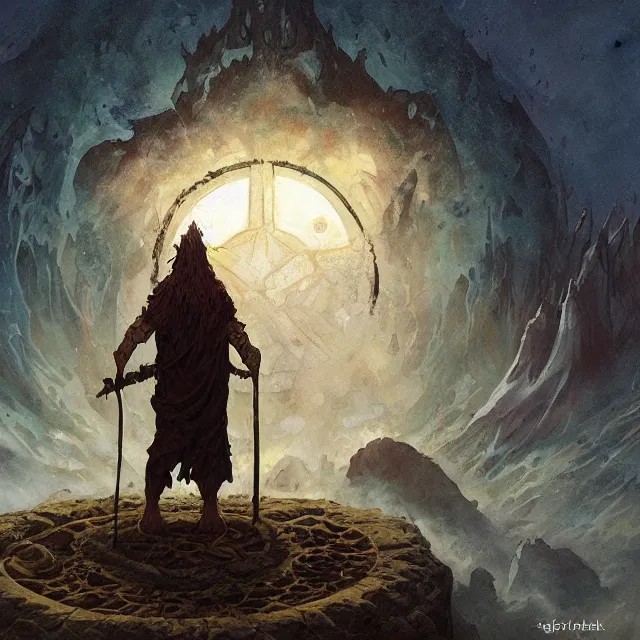 Image similar to a druid standing in a circle at the beginning of the world by greg rutkowski and frank frazetta and peter mohrbacher and william blake and dan mumford