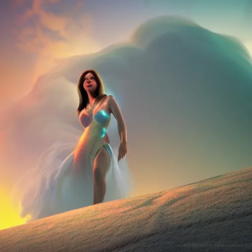 Prompt: a 1 9 7 0's arthouse film octane render by geoff johns and joe jusko and thomas kinkade, a woman wrapped in a cloud of colorful smoke, walking across a reflective pool of silver liquid at sunset, cinema 4 d, 4 k, volumetric lighting, ray traced lighting