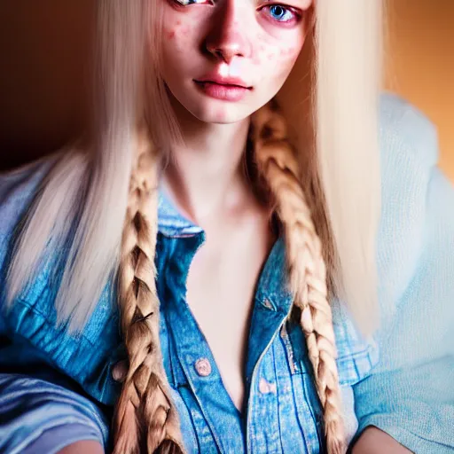 Image similar to intricate very detailed portrait of a cute thin young woman, long white hair, vivid blue eyes, red blush, light freckles, soft smile, casual clothes, relaxing on the couch, home interior, golden hour, close up shot, 8 k, art by irakli nadar, hyperrealism, hyperdetailed, ultra realistic