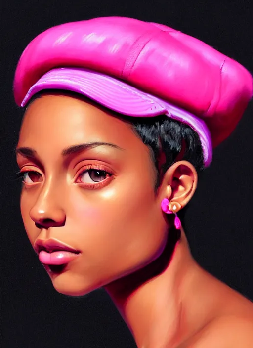 Image similar to portrait of teenage vanessa morgan with bright pink hair, black girl, vanessa morgan, curly pixie cut hair, wearing newsboy cap, newsboy cap, hoop earrings, intricate, elegant, glowing lights, highly detailed, digital painting, artstation, concept art, smooth, sharp focus, illustration, art by wlop, mars ravelo and greg rutkowski