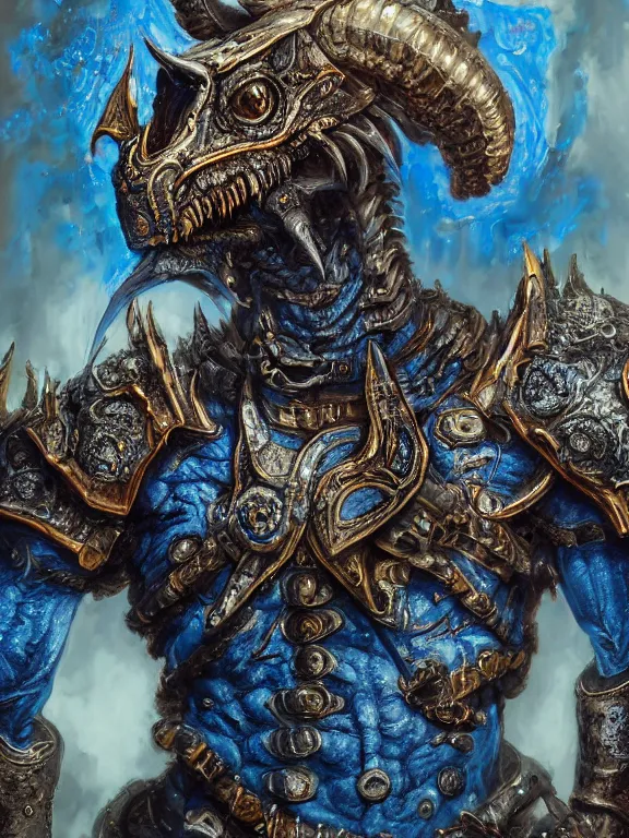 Prompt: portrait art of 8k ultra realistic blue Dragonborn, detailed intricate ornate armour,decaying, cybernetic, full of colour, cinematic lighting, battered, trending on artstation, 4k, hyperrealistic, focused, extreme details,unreal engine 5, cinematic, masterpiece, art by ayami kojima, giger