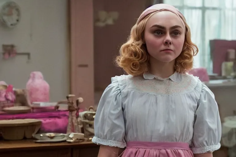 Prompt: mid-shot of AnnaSophia Robb as a maid in the new movie directed by Wes Anderson, symmetrical shot, idiosyncratic, relentlessly detailed, pastel, limited colour palette, detailed face, movie still frame, promotional image, imax 70 mm footage