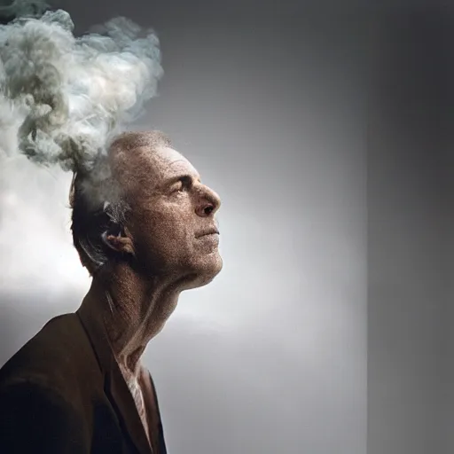 Prompt: annie liebovitz photo of a man, his head turning into a puff of smoke