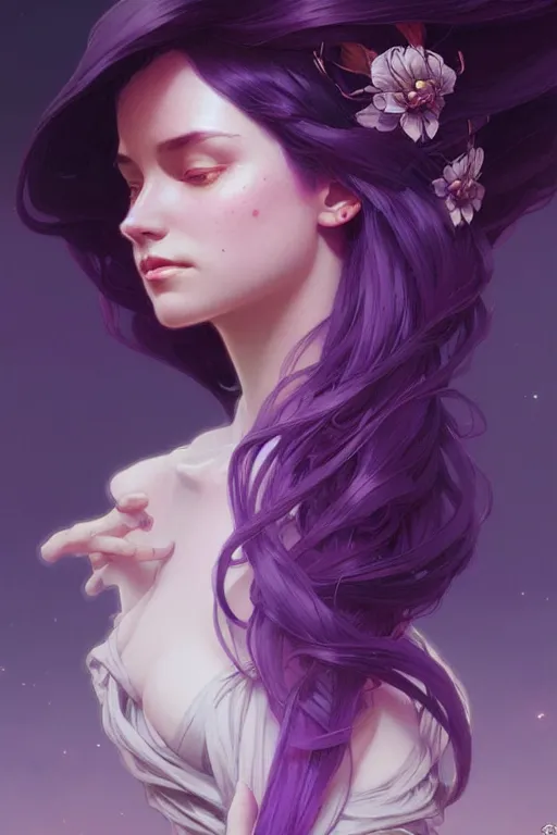 Image similar to Background Purple hair, intricate, elegant, highly detailed, digital painting, artstation, concept art, smooth, sharp focus, illustration, art by artgerm and greg rutkowski and alphonse mucha