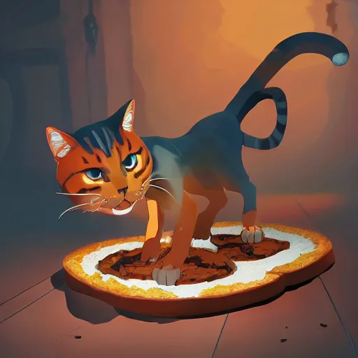 Image similar to terribly feared cat running away from the giant carnivorous sandwich, artstation hq, dark phantasy, stylized, symmetry, modeled lighting, detailed, expressive, true unsimulated emotions, created by hayao miyazaki