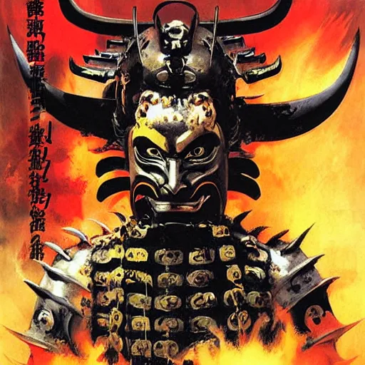 Prompt: demon samurai mask on hell by john berkey, mario feng, mohamed reda