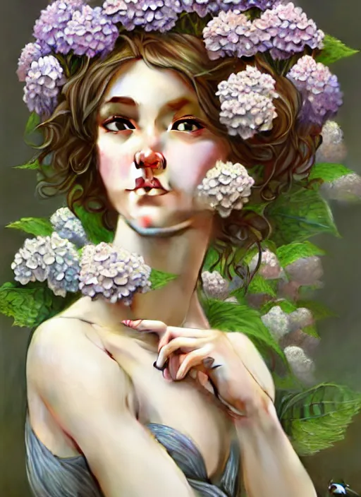 Image similar to realistic photographic perfect portrait of a anthropomorphic hydrangea blossom, fantasy, wind blowing hair, intricate, elegant, highly detailed, digital painting, artstation, concept art, smooth, super sharp focus, illustration, art by artgerm and h r giger and alphonse mucha