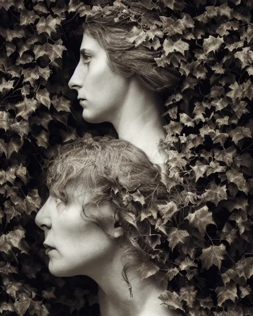 Image similar to a woman's face in profile, entwined with intricate decorative ivy, in the style of the dutch masters and gregory crewdson, dark and moody