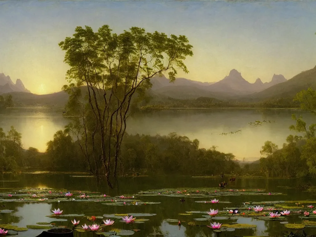 Prompt: alpine pond with water lilies, a single blooming gigantic lotus flower, and simple flat roof shacks in the background, landscape painting by Albert Bierstadt. lake under hazy mountains, Frederic Edwin Church. Hudson river school monumental landscape painting, view from above, wikimedia commons full resolution