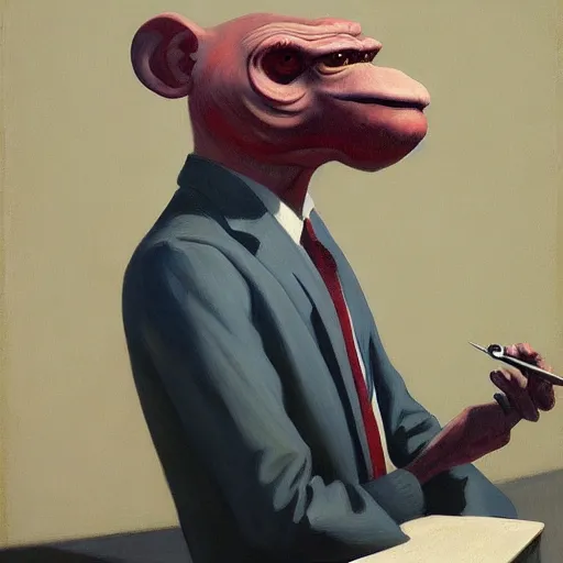 Image similar to Portrait of Mr. Monkey wearing a business suit , very coherent, painted by Edward Hopper, Wayne Barlowe, painted by James Gilleard, airbrush, art by JamesJean