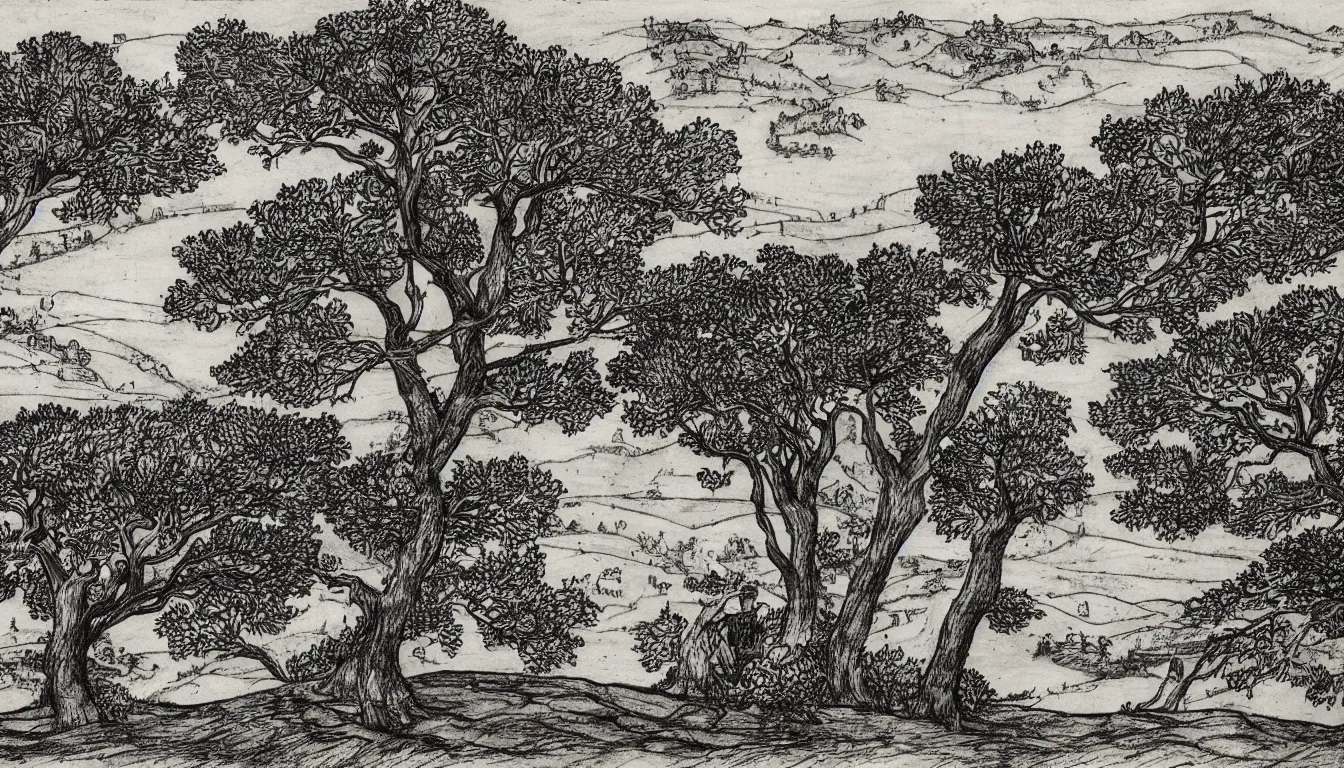 Image similar to a person sits on a hill overlooking a river, wind blown trees, pen and ink, 1 5 0 0 s, 8 k resolution