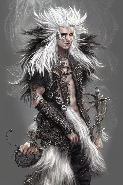 Prompt: beautiful full body portrait of a human - fluff hybrid male wizard, scaley!! white feathery skin, wearing ornaments and rings, by wlop and artgerm, steampunk fiction, detailed deep black eyes, silver background, trending, on artstation.