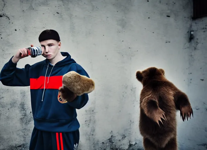 Prompt: 2 0 years old gopnik in adidas costume, drinking vodka with a bear, soviet yard, symmetrical, cinematic, real photography