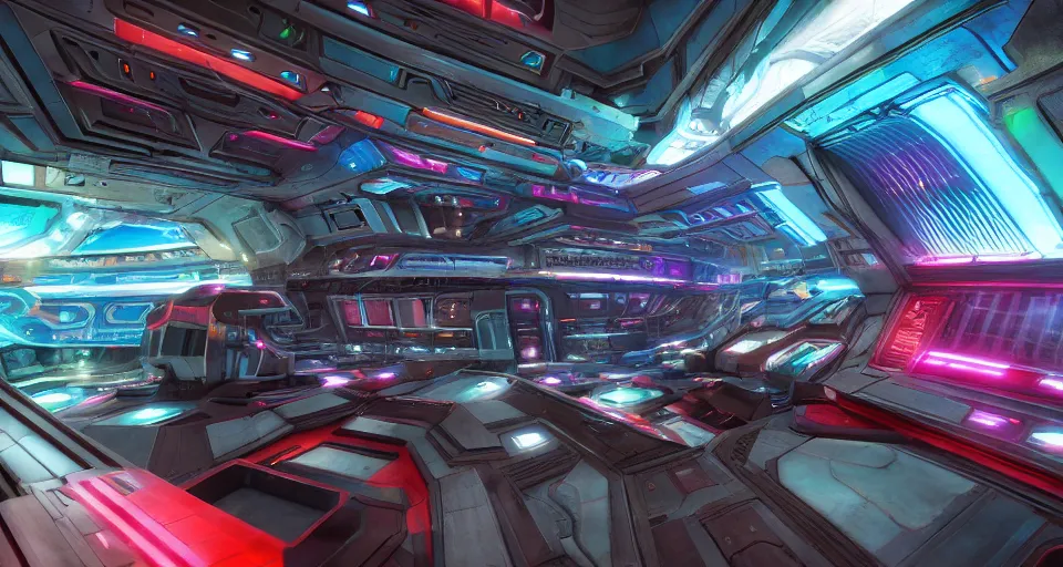 Prompt: kitbash 3 d texture of a vibrant, colorful, utopian scifi spaceship interior inspired by jupiter ascending, the culture, matrix, star wars, ilm, star citizen halo, mass effect, starship troopers, elysium, the expanse, high tech research, artstation unreal w - 9 6 0