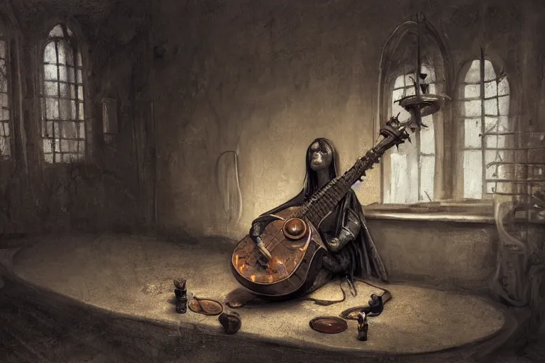 Image similar to still life painting, musical instument alone - a lute with smoke wisping up from its smoldering string, cursed baroque with ebony inlay, designed by brian froud and hr giger leans against the wall alone, abandoned. an empty brutalist chamber, lonely, somberlate afternoon lighting cinematic fantasy painting by jessica rossier