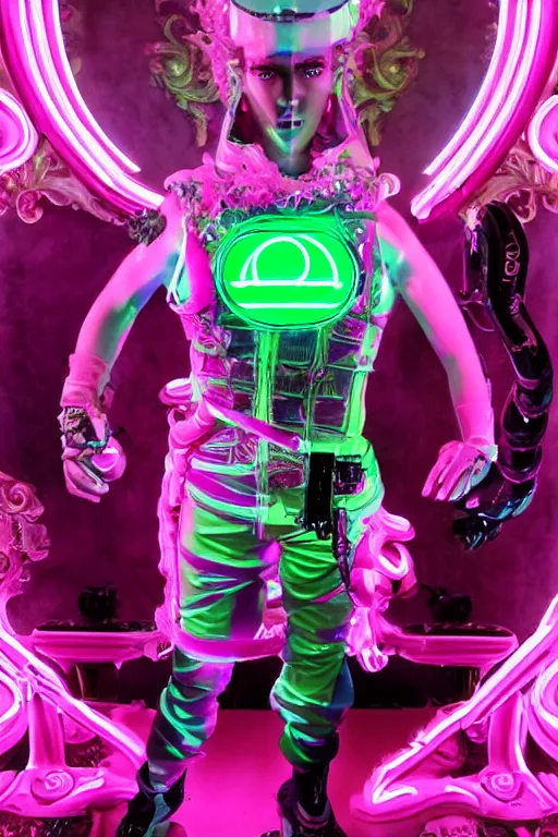 Prompt: full-body baroque and bladerunner style magenta neon statue of a muscular attractive tan Nick Jonas fighting macho dotado android thrusting sim roupa con piroca dura, glowing pink face, white baseball cap, green steampunk lasers, emeralds, swirling white silk fabric. futuristic elements. prismatic liquid rainbow light, full-length view. space robots. human skulls. throne made of bones, intricate artwork by caravaggio. Trending on artstation, octane render, cinematic lighting from the right, hyper realism, octane render, 8k, depth of field, 3D