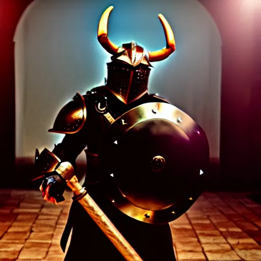 Image similar to a minotaur wearing plate armor and holding a mace, high resolution film still, 4k, HDR lighting, film by Thor Freudenthal and Chris Columbus