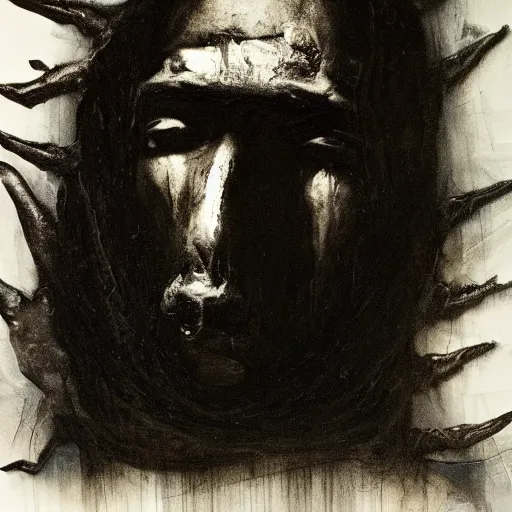 Image similar to The mixed mediart shows a the large, black-clad figure of the king looming over a small, defenseless figure huddled at his feet. The king's face is hidden in shadow, but his menacing stance and the large, sharp claws on his hands make it clear that he is a dangerous and powerful creature. by Nicola Samori realist