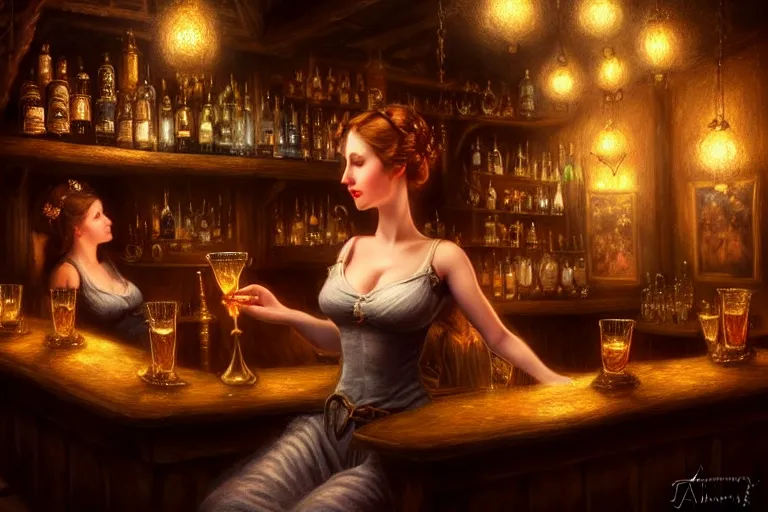 Prompt: a beautiful barmaid, dimly lit cozy tavern, relaxed pose, fantasy, intricate, elegant, dramatic lighting, emotionally evoking symbolic metaphor, highly detailed, lifelike, photorealistic, digital painting, artstation, concept art, smooth, sharp focus, illustration, art by John Collier and Albert Aublet and Krenz Cushart and Artem Demura and Alphonse Mucha, perfect facial symmetry
