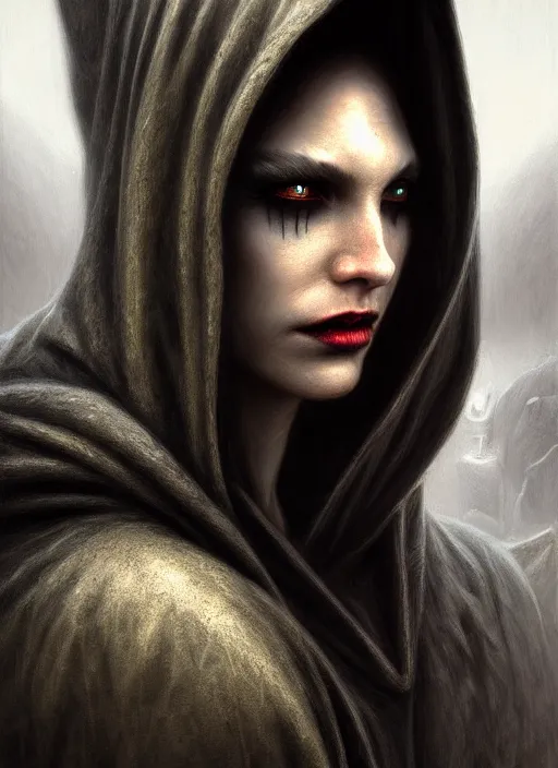 Prompt: closeup portrait shot of a hooded vampire in a scenic dystopian environment, intricate, elegant, highly detailed, centered, digital painting, artstation, concept art, smooth, sharp focus, illustration, artgerm, tomasz alen kopera, peter mohrbacher, donato giancola, joseph christian leyendecker, wlop, boris vallejo