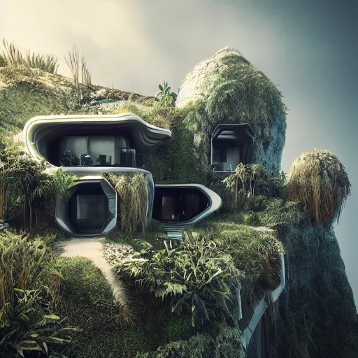 Image similar to futuristic houses in crazy locations, ultra realistic, intricate details, eerie, highly detailed, photorealistic, octane render, 8 k, vegetation, hills, water