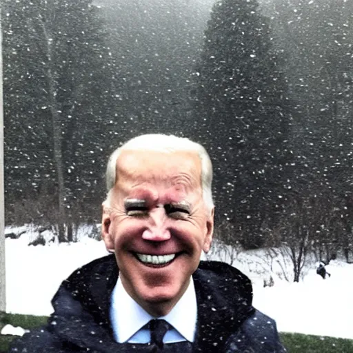 Image similar to low quality iphone photo taken in front of a house window of joe biden with standing ominously in the foggy woods with a demonic smile in his face, creepy