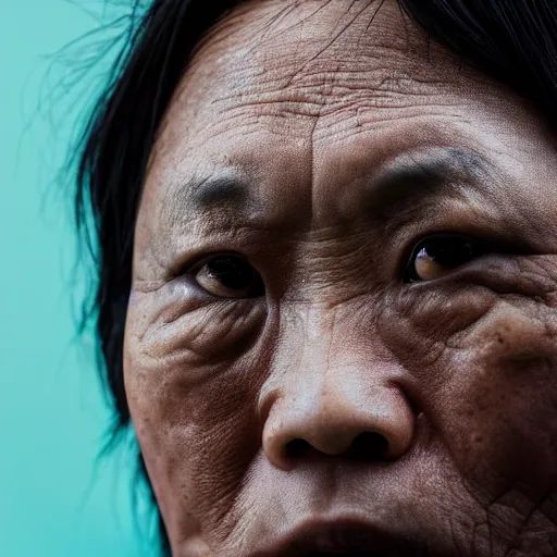 Prompt: a close up photographic portrait of akie kotabe looking worried taken by annie leibowitz. cinematic lighting, blue background colour, 5 0 mm, subsurface scatter.