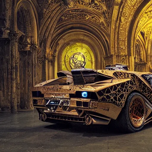 Prompt: biomechanical shiny steampunk lamborghini countach with (glowing) lights parked in ancient lush palace, gothic and baroque, brutalist architecture, ultradetailed, creepy ambiance, fog, artgerm, giger, Intricate by Ellen Jewett and Josan Gonzalez and Giuseppe Arcimboldo